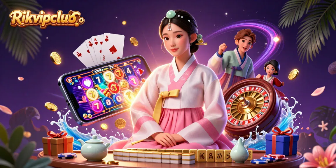 Experience winning moments at Rikvipclub Co with an elegant Asian woman surrounded by vibrant casino elements.