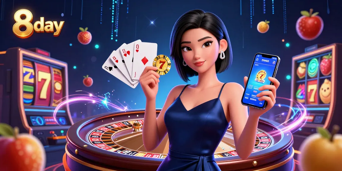 Bet on 8 day casino games with a stunning Asian woman showcasing a smartphone and golden chip.