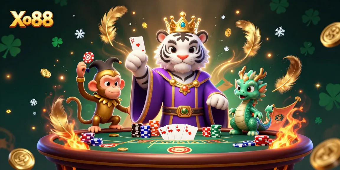 Xo88 boosts winnings with a vivid scene of a tiger, monkey, and dragon at a lively poker table.