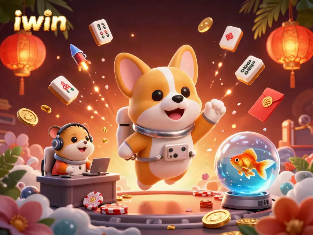iwin astronaut corgi playing in a floating casino with coins and poker chips