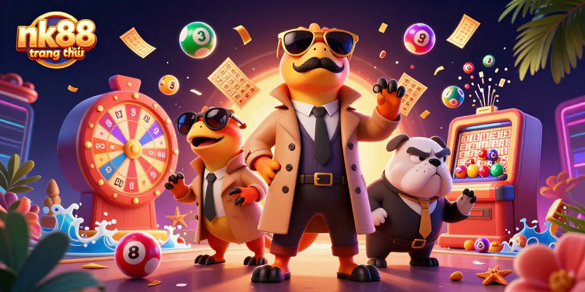 Experience nk88 trang chủ with vibrant lottery games and dynamic casino elements in a 3D scene.