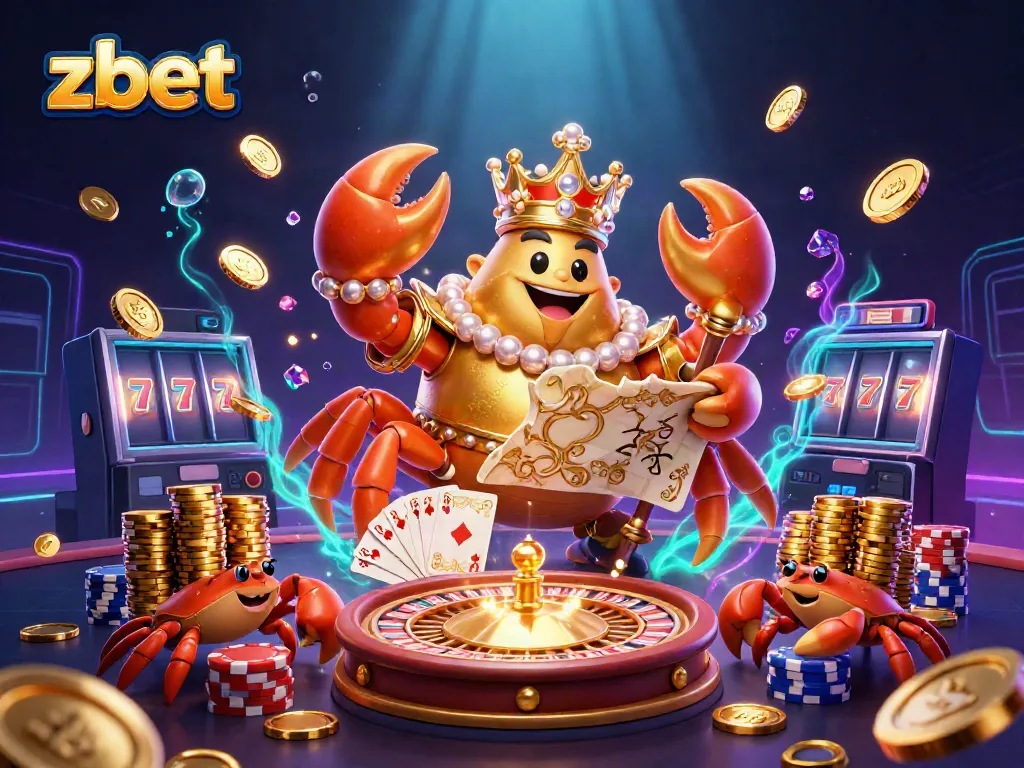 Play exciting games with zbet featuring vibrant casino elements and a charming crab emperor.