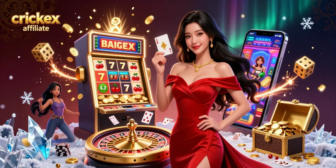 Experience crickex affiliate promotions in a vibrant 3D gaming scene with dynamic casino elements.