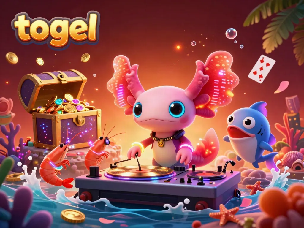 Experience vibrant togel gameplay with a neon axolotl DJ, dancing shrimp, and underwater treasures.
