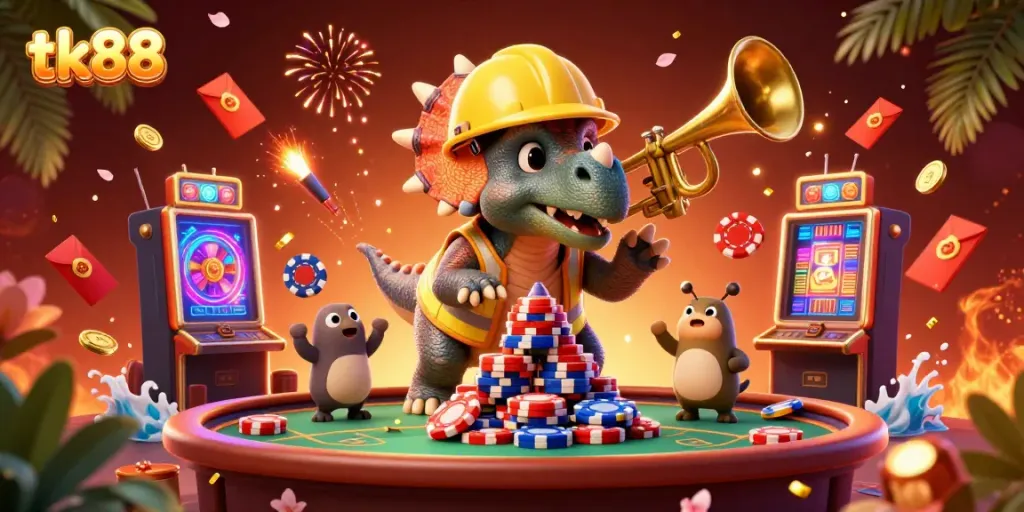 Engage with the excitement of tk88 as a triceratops builds poker chip towers amidst vibrant casino elements.