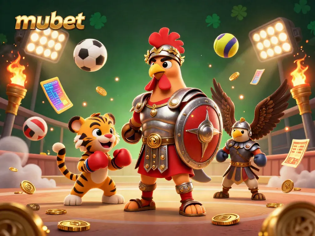 Experience the thrilling action at mubet with a gladiator rooster and sports elements in play.