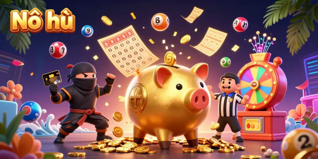 Nổ hũ vibrant action scene with a golden piggy bank sumo wrestler surrounded by lottery elements