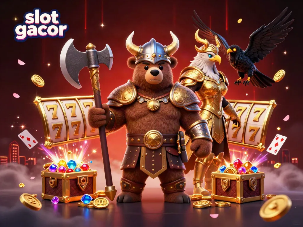 Experience thrill with slot gacor, featuring Viking characters and slot elements in an action-packed digital art.