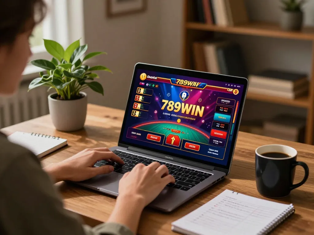 Playing exciting casino games on 789WIN online platform, user focused on laptop.