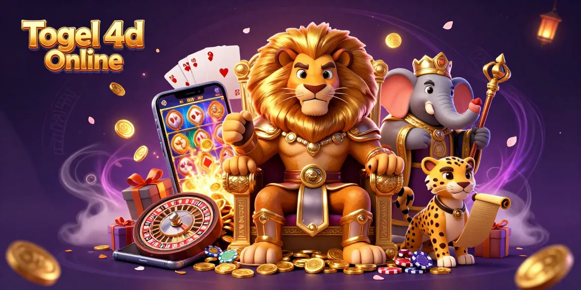 Togel 4d Online shines in an ultra-detailed scene featuring a lion king, elephant advisor, and cheetah messenger.