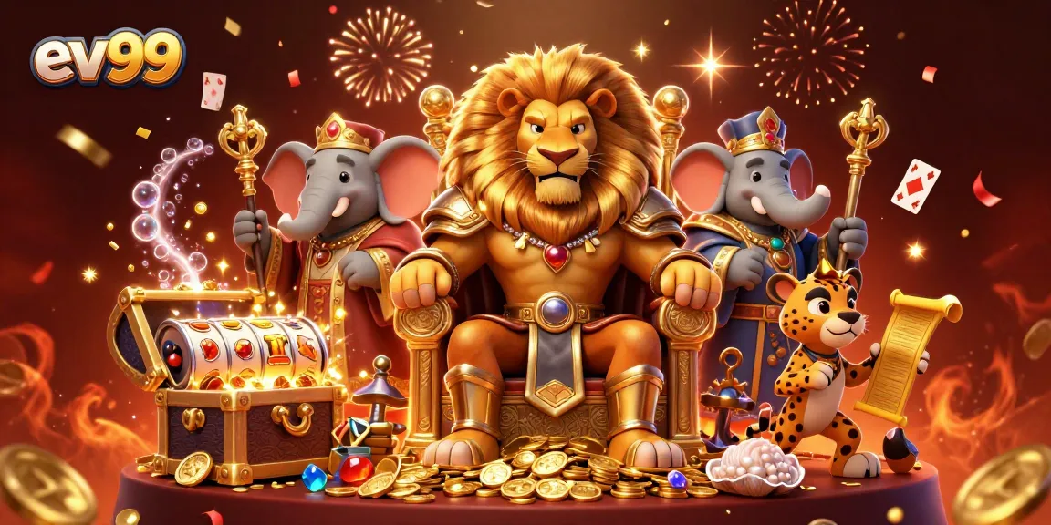 Experience the thrills of ev99 with dynamic gaming elements, featuring a royal lion king surrounded by vibrant casino symbols.