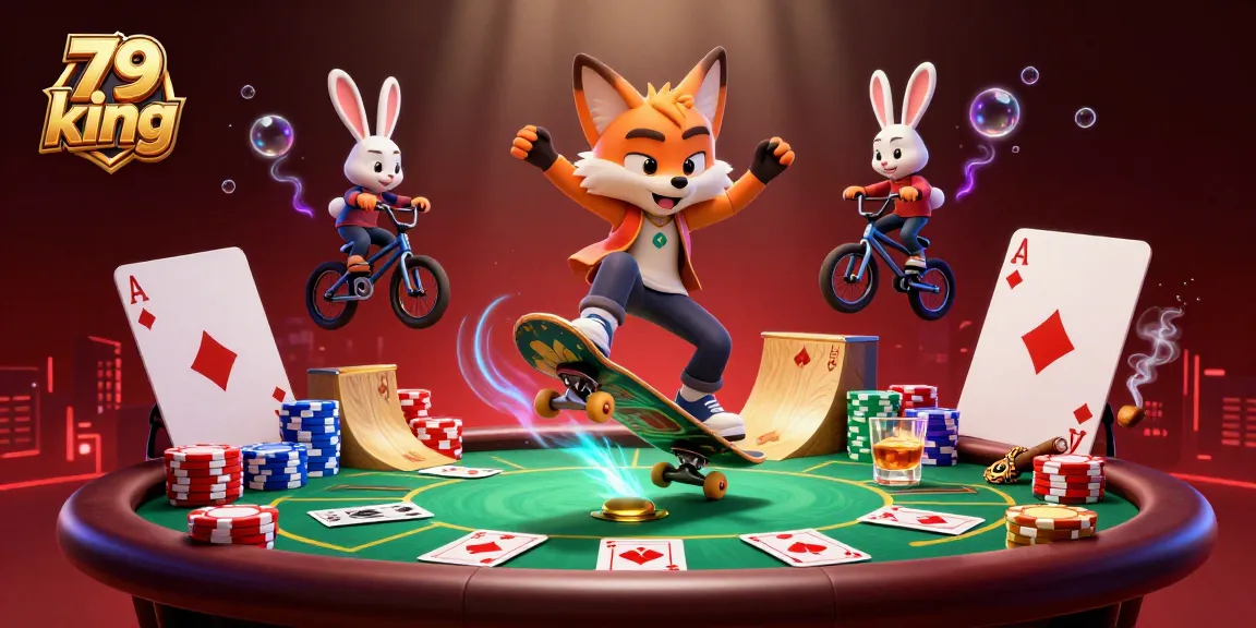 79 king scene with a cartoon fox and rabbit engaging in casino-themed tricks over poker chips