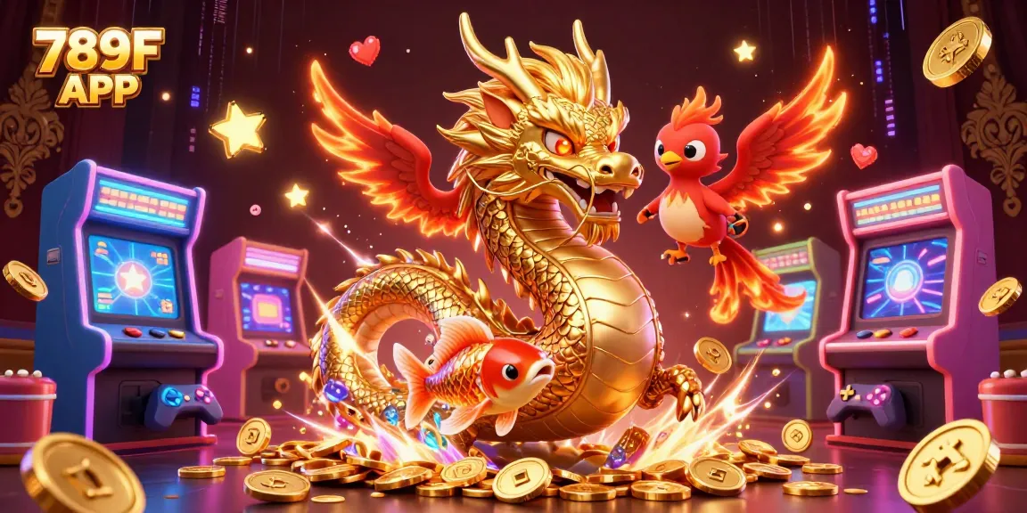 Experience vibrant wins with the 789F APP, featuring a dynamic casino scene with legendary creatures and arcade game elements.