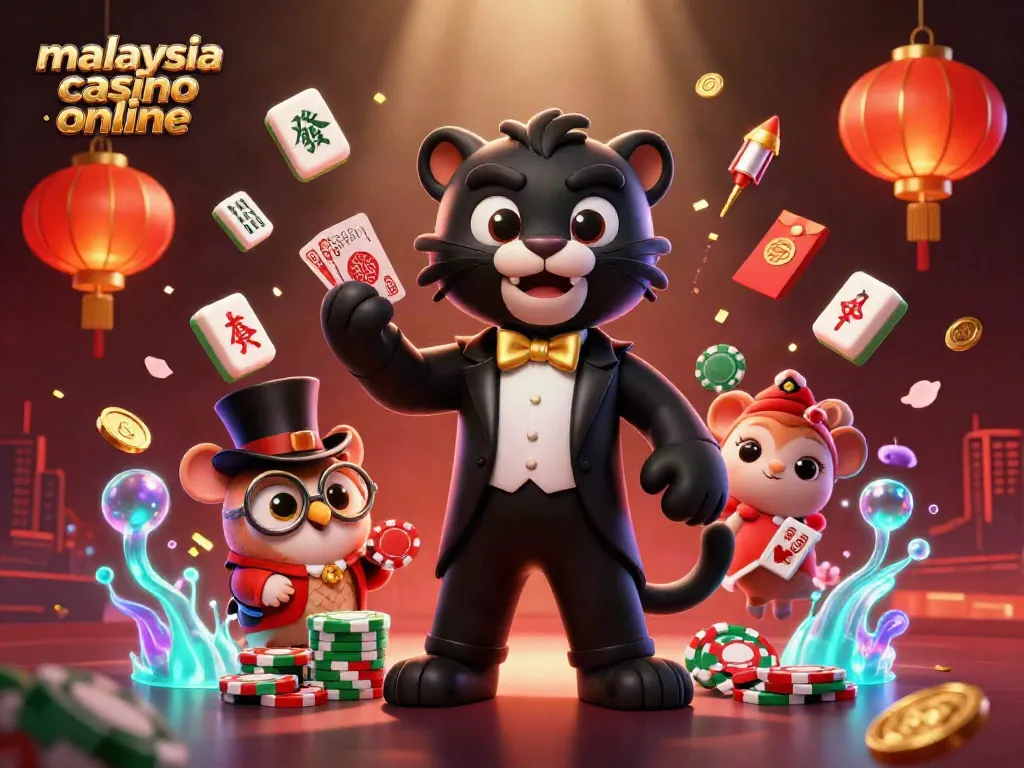 Experience the excitement of malaysia casino online with a 3D vibrant illustration of a tuxedo-clad panther and friends.