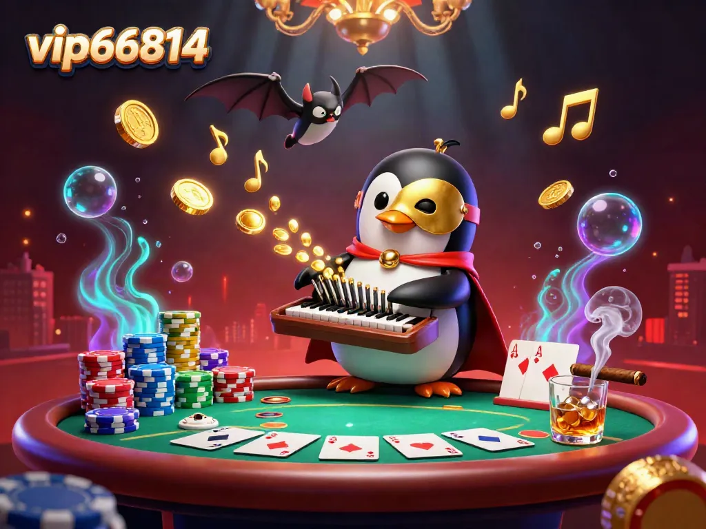 Play thrilling games at vip66814 with a 3D cartoon penguin, dazzling poker elements, and golden coins.