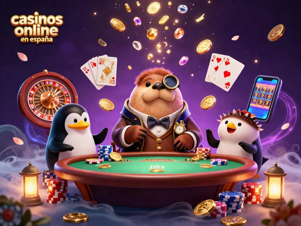 Sesión de juego en casinos online fiables en España, con personajes animados y dinámicos elementos de casino.