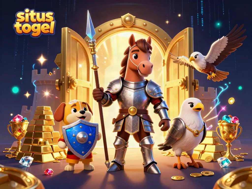 Experience the excitement of situs togel with a 3D medieval knight, puppy, and falcon amidst treasures.