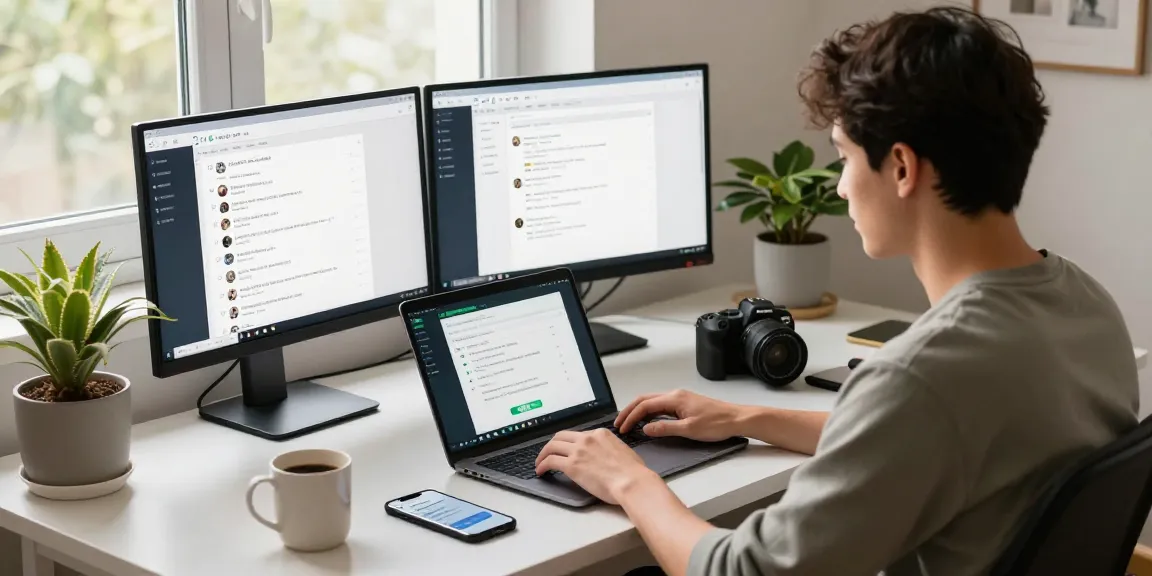 Using WhatsApp電腦版 in a modern home office setup with dual monitors and a laptop, exuding productivity and elegance.