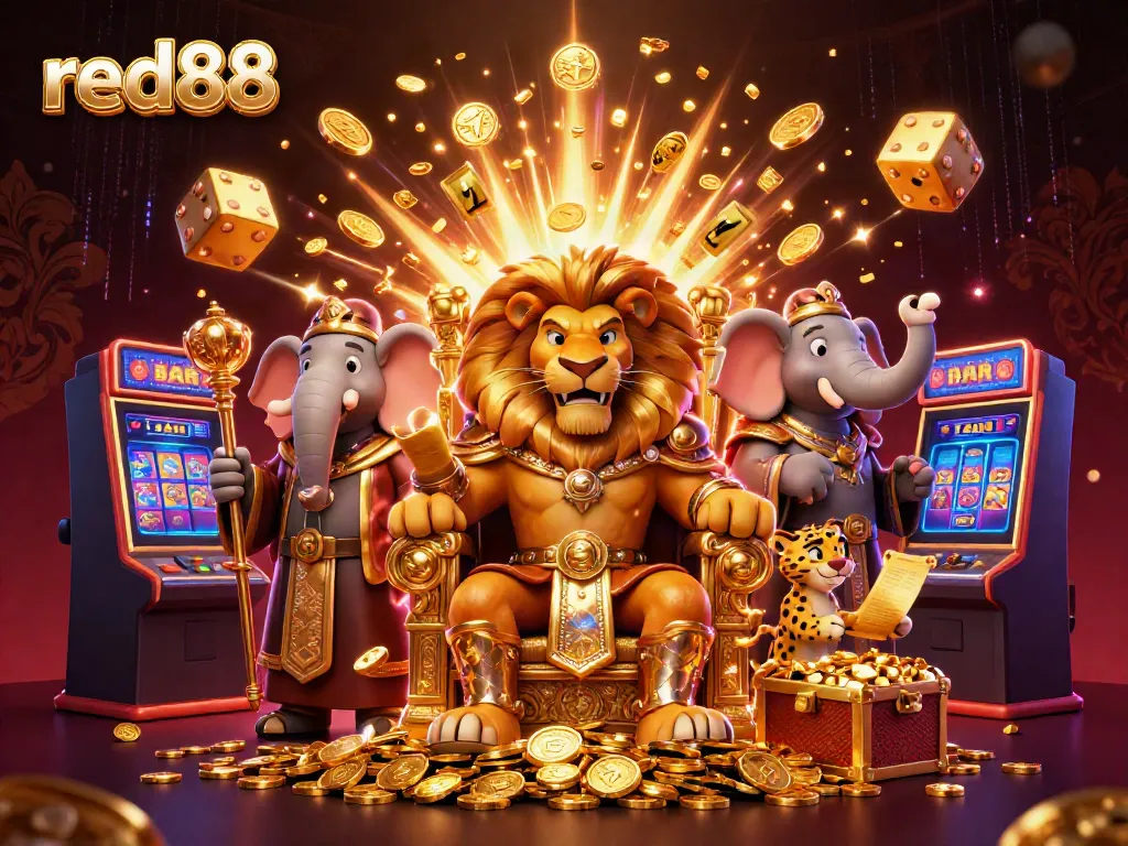 Join the adventure at red88 with thrilling casino action, featuring a lion king and a festive lottery scene.