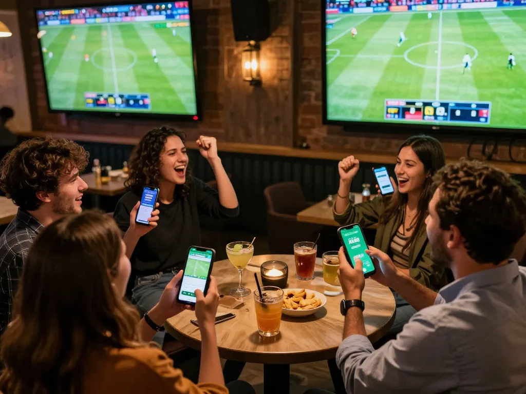 Fans enjoying an exhilarating sports betting experience with the XX88 app at a lively bar.