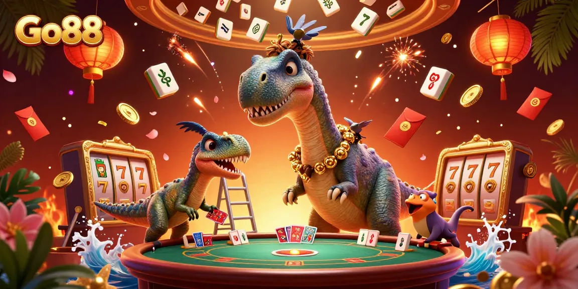 Experience the dazzling Go88 casino scene with a brontosaurus and clever raptor dealing cards.
