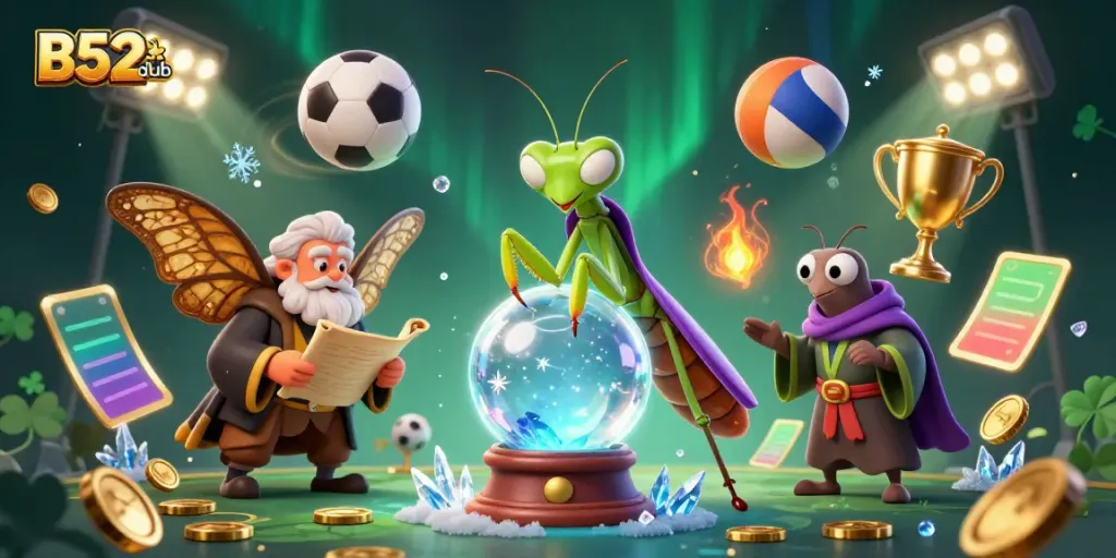 Bet on your fortune at B52club with this vibrant 3D illustration of gaming elements and mystical characters.