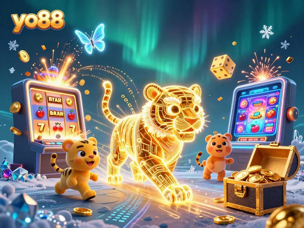 Experience the thrill of yo88's digital casino with dynamic gaming elements and a golden tiger.