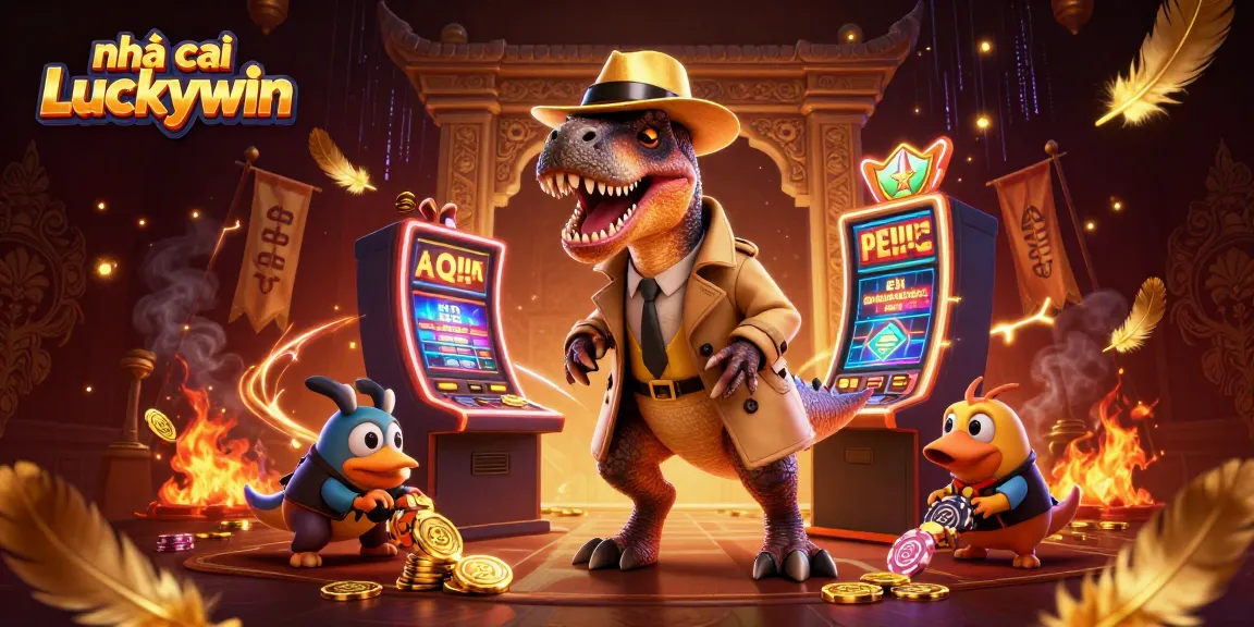 Experience thrilling jackpot action with nhà cái Luckywin at a vibrant casino scene featuring dinosaurs.