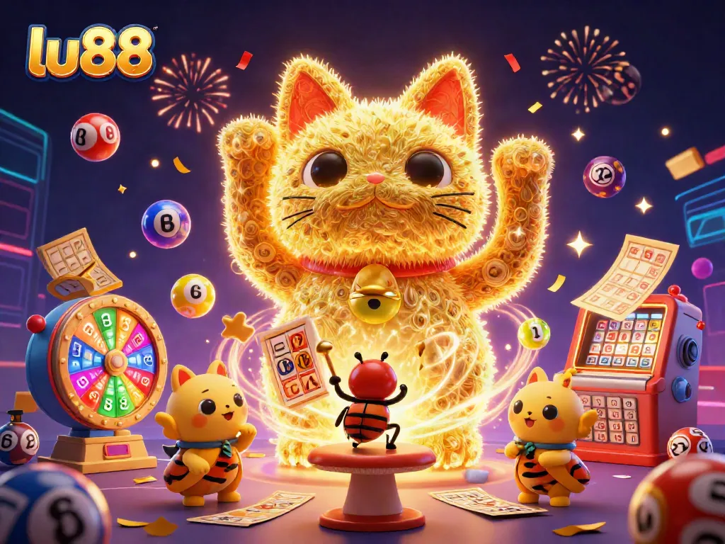 Engage with LU88's vibrant gaming scene featuring a lucky cat and golden fireflies amid festive casino elements.