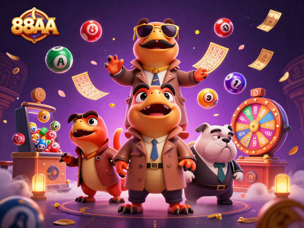 Experience immersive gaming at 88AA as three raptors hilariously attempt casino entry, surrounded by dynamic lottery elements.