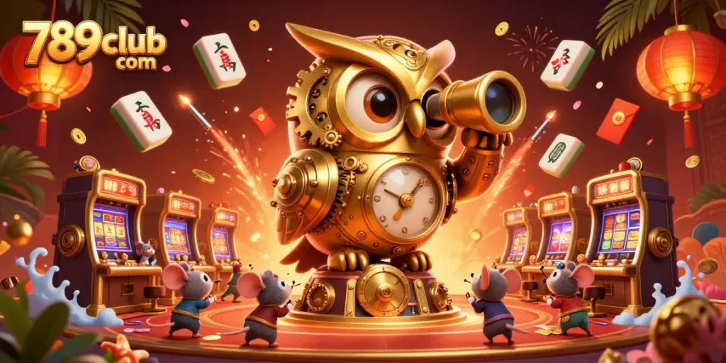 Experience thrilling excitement with 789club com as a golden owl watches over a lively casino floor.