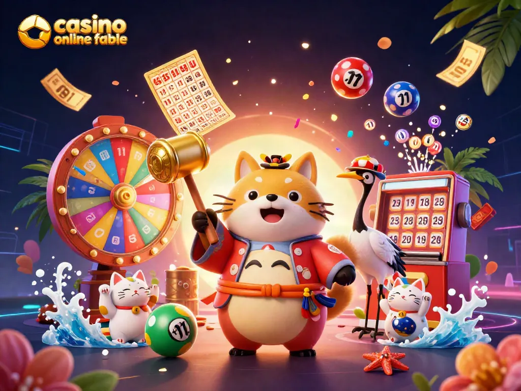 Juega en un casino online fiable, rodeado de bolas de lotería y símbolos de buena suerte.
