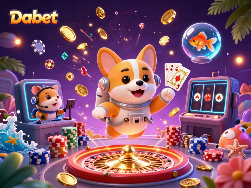Dabet's vibrant online casino scene featuring a cartoon astronaut corgi in a space station casino amidst drifting poker chips and gold coins.