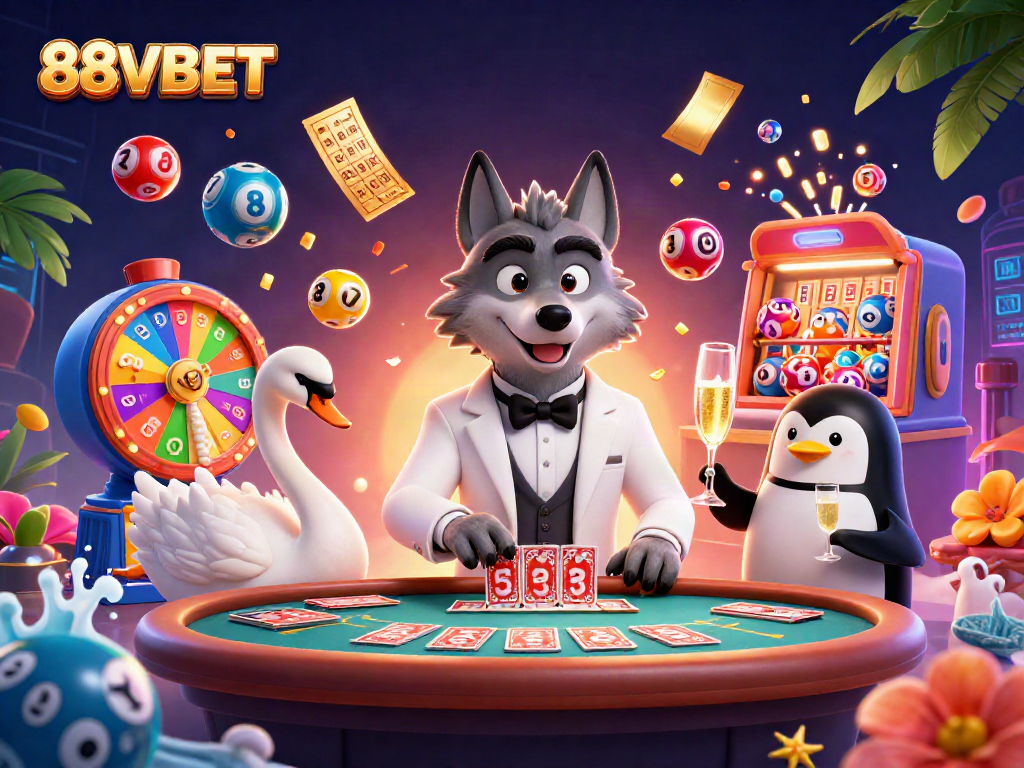 Experience the thrill of 88VBET with a vibrant 3D casino illustration featuring engaging characters.