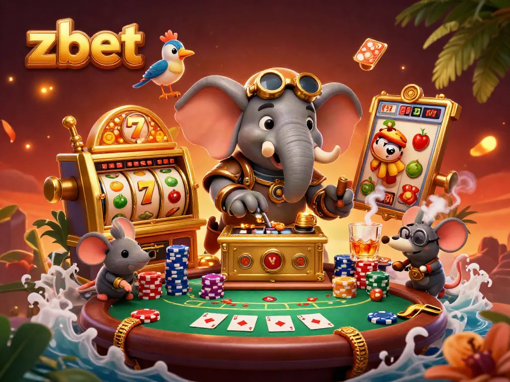Engaging zbet scene with a steampunk elephant operating slot machines and surrounded by colorful game elements.