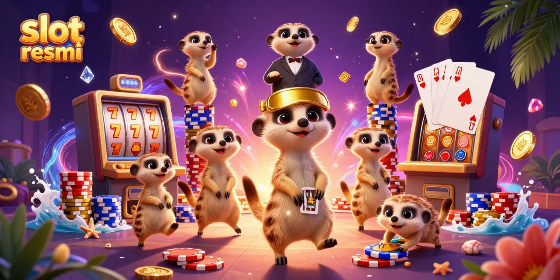 Meerkats operate an elaborate casino with slot resmi theme, showcasing chips and cards.