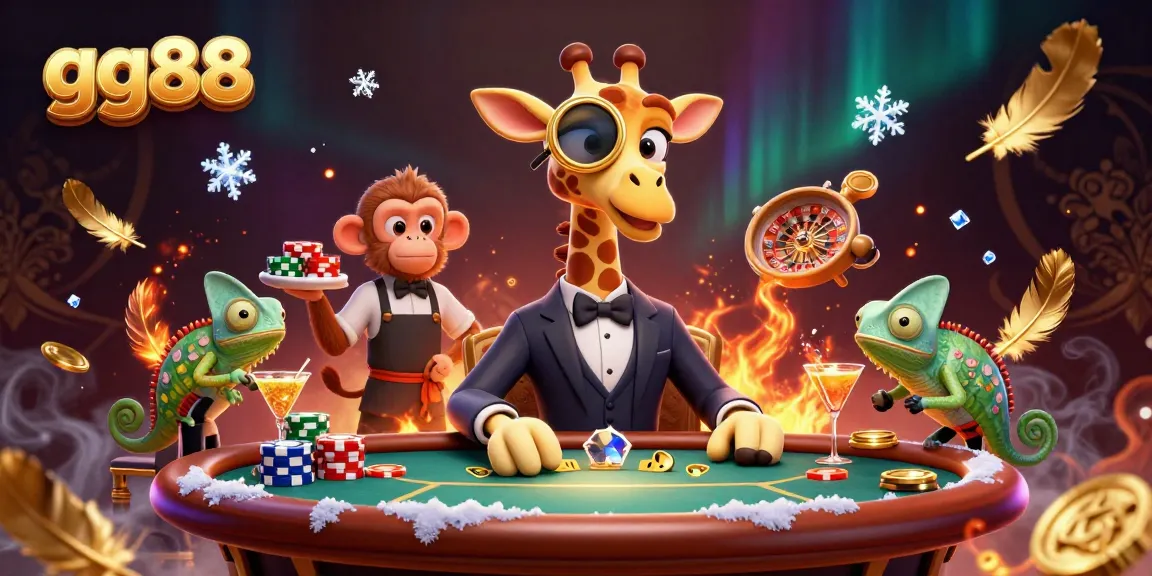 Join the excitement at gg88 casino with high-roller giraffe and vibrant characters in a dynamic gaming scene.
