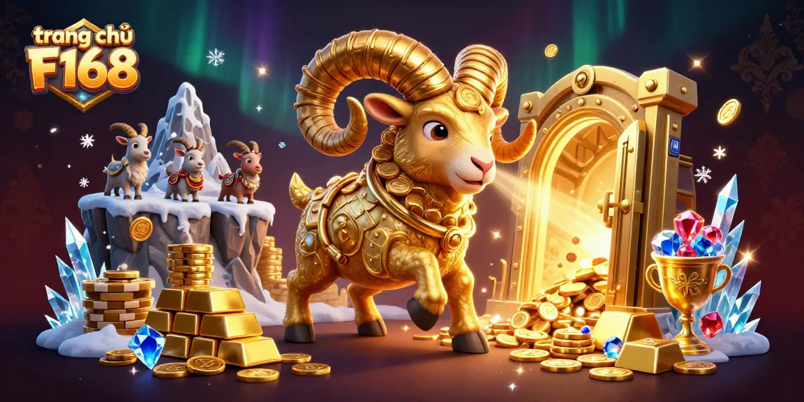 Experience the vibrant energy of trang chủ F168 with a golden ram at a treasure-filled casino scene.