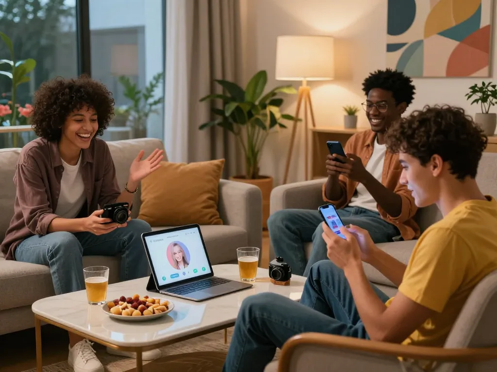 Engaging group interactions around AI sex chat in a vibrant home environment.