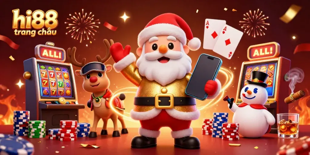 Hình ảnh hi88 trang chủ với Ông Già Noel và những biểu tượng máy đánh bạc vui nhộn.
