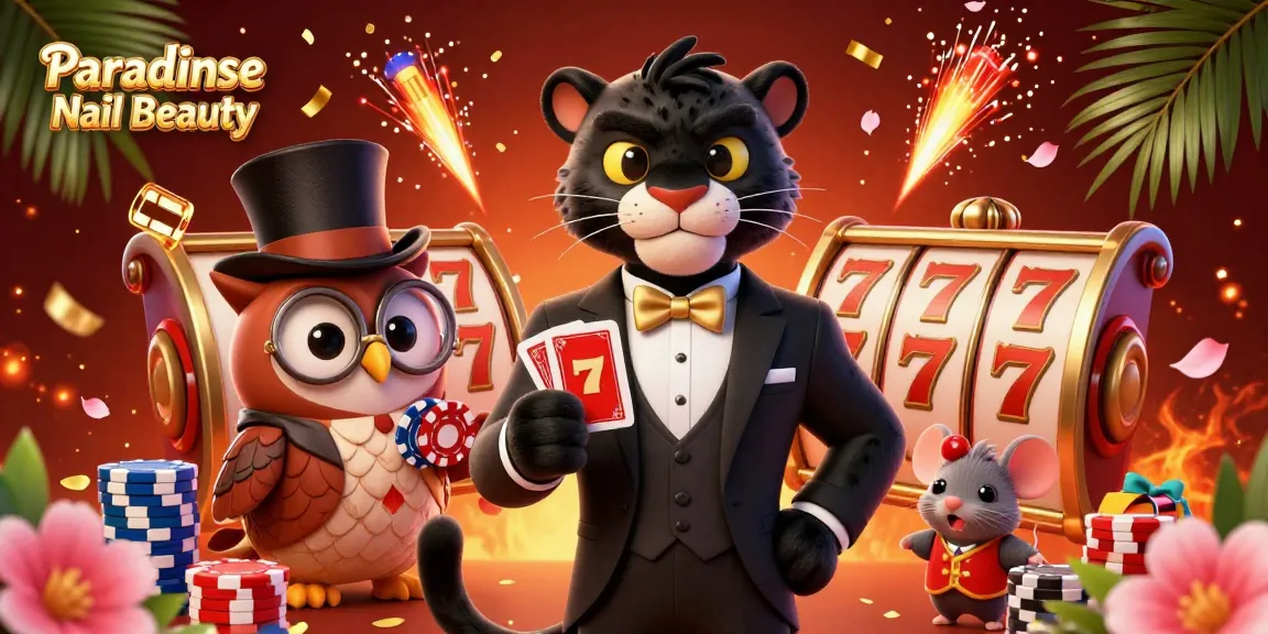 Place bets at Paradise Nail Beauty and enjoy vibrant casino-themed nail services under a playful cartoon scene.