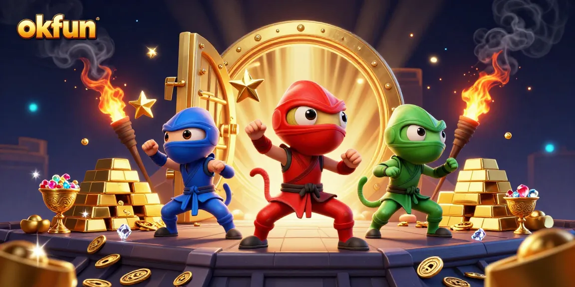 Join the excitement at okfun as a team of colorful ninja chameleons performs martial arts among glittering casino treasures.