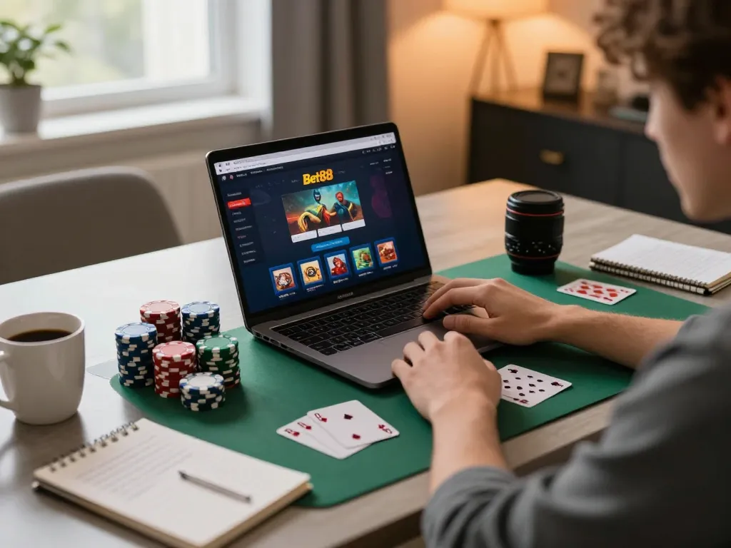 Engaged player captures the essence of Thương hiệu Bet88 in an inviting online gaming setup.