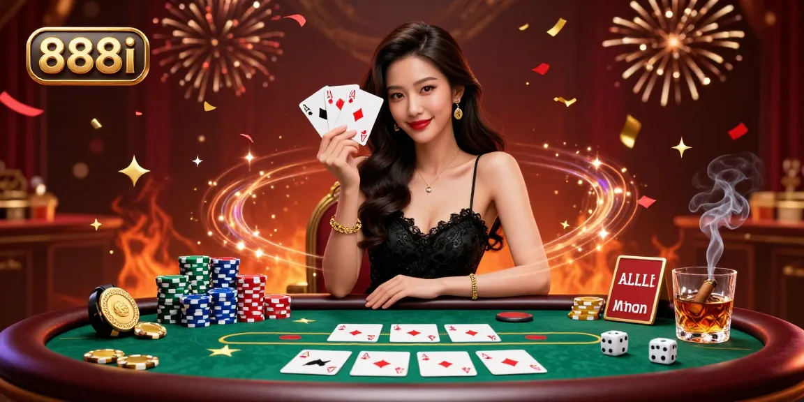 Play winning hands at 888i with a stylish Asian woman showcasing her ace playing cards amid vibrant casino elements.