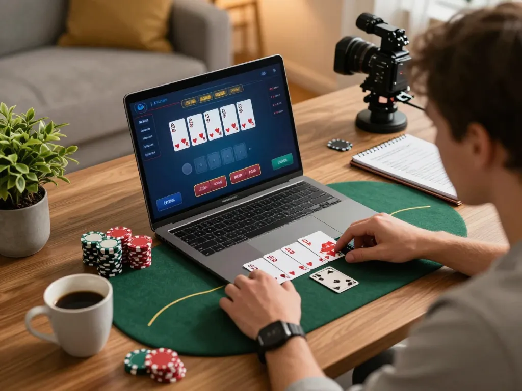 Player exploring link resmi for live poker game strategies on laptop at home