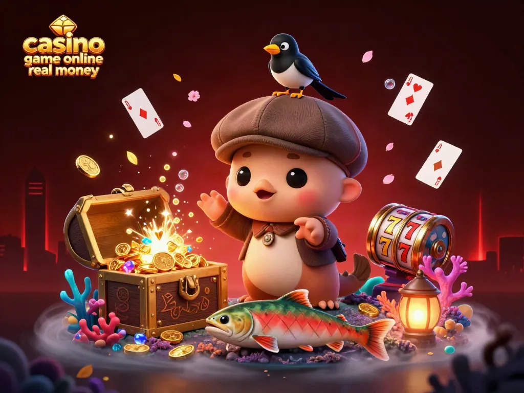 Play thrilling casino game online real money with 3D cartoon baby Nessie and treasure elements.