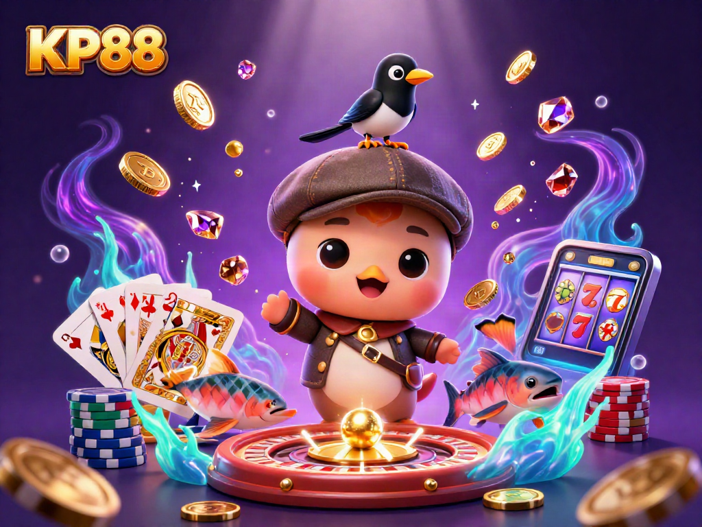 Engage with KP88 in a vibrant casino scene full of playful characters and dynamic gaming elements.