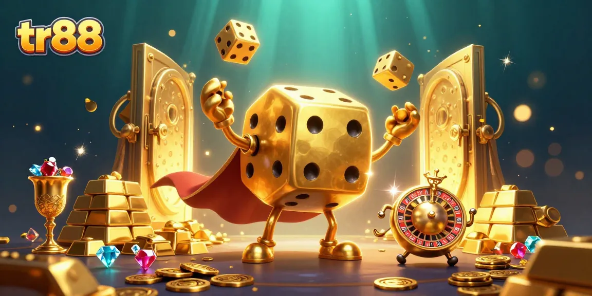 Roll the golden dice golem & roulette-ball head with tr88 delights in a vibrant casino scene.