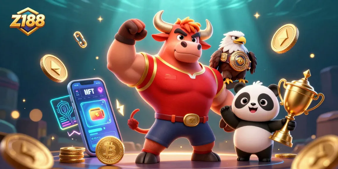 Experience exciting wins at z188 with dynamic characters amidst glowing crypto elements.