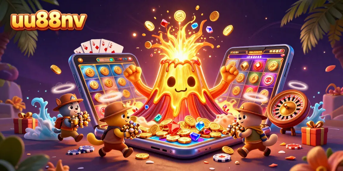Experience the thrilling excitement of uu88nv with golden treasures erupting from a volcano in this vibrant casino illustration.